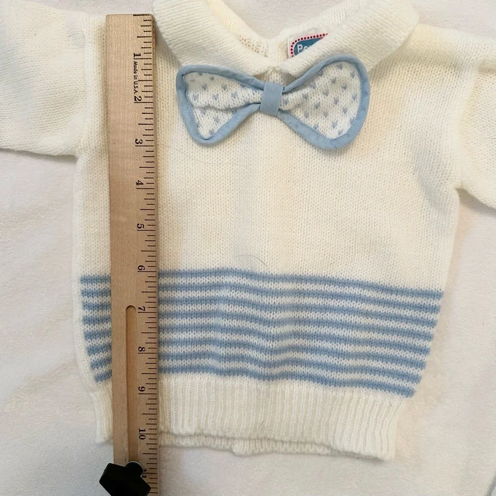 Vintage Baby Boys Popsicle Sweater Top & Pants Set 12M 2Pc Ivory Blue Bow tie